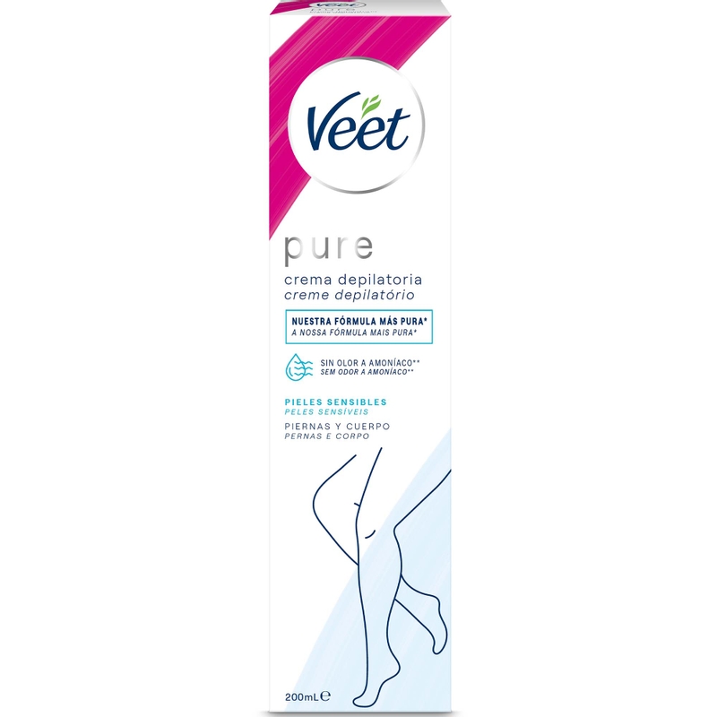 Veet Pure Crema Depilatoria para Cuerpo y Piernas, para pieles sensibles, 200ml