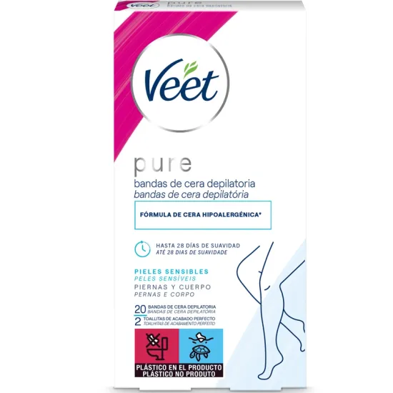 Veet Pure Bandas de Cera Depilatoria para Piernas y Cuerpo – Pieles Sensibles