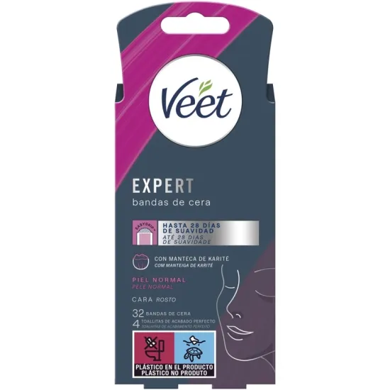 Veet Expert Bandas de Cera Fría Depilatoria para Depilación Facial, con Manteca de Karité, 32 tiras