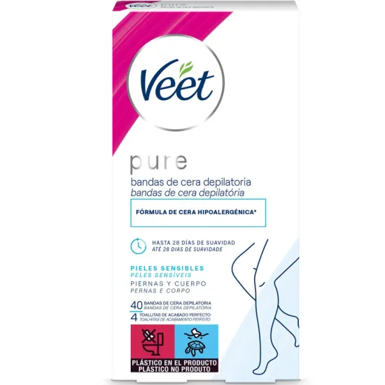 Veet Pure Bandas de Cera Depilatoria para Piernas y Cuerpo – Pieles Sensibles