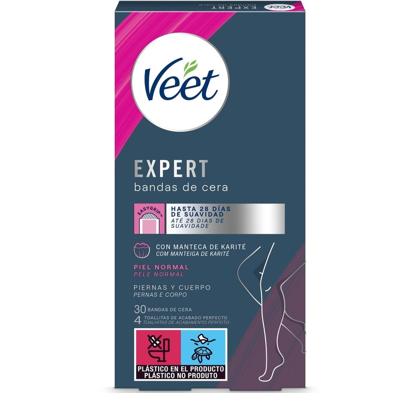 Veet Expert Bandas de Cera Fría Depilatoria para Depilación de Piernas y Cuerpo, con Manteca de Karité, 30 tiras