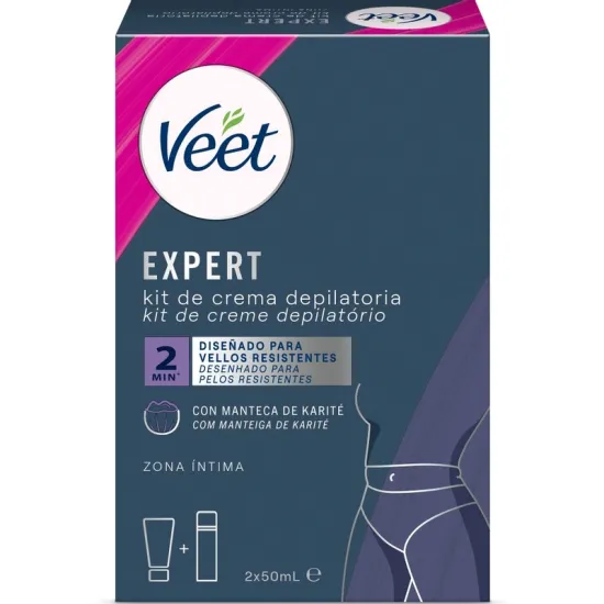 Veet Expert Kit de Depilación para Zonas Íntimas del Cuerpo, Crema Depilatoria 50 ml y Espuma Multi-Beneficios 50 ml